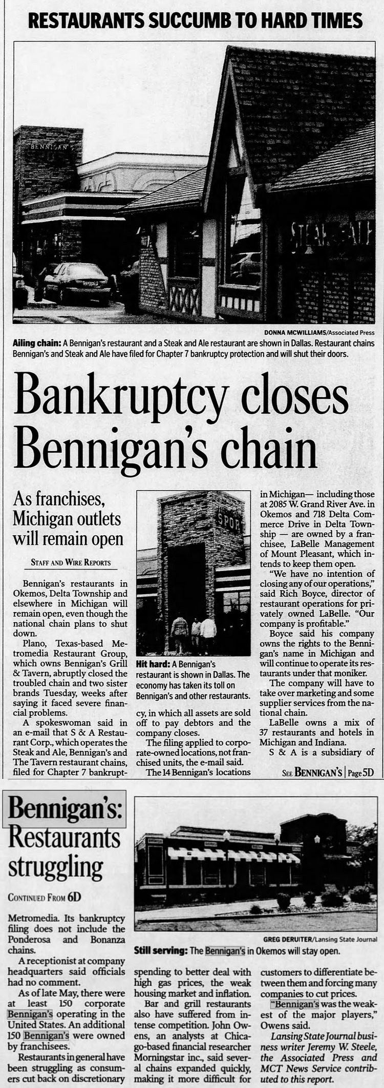 Bennigans - Jul 30 2008 Article On Bankruptcy